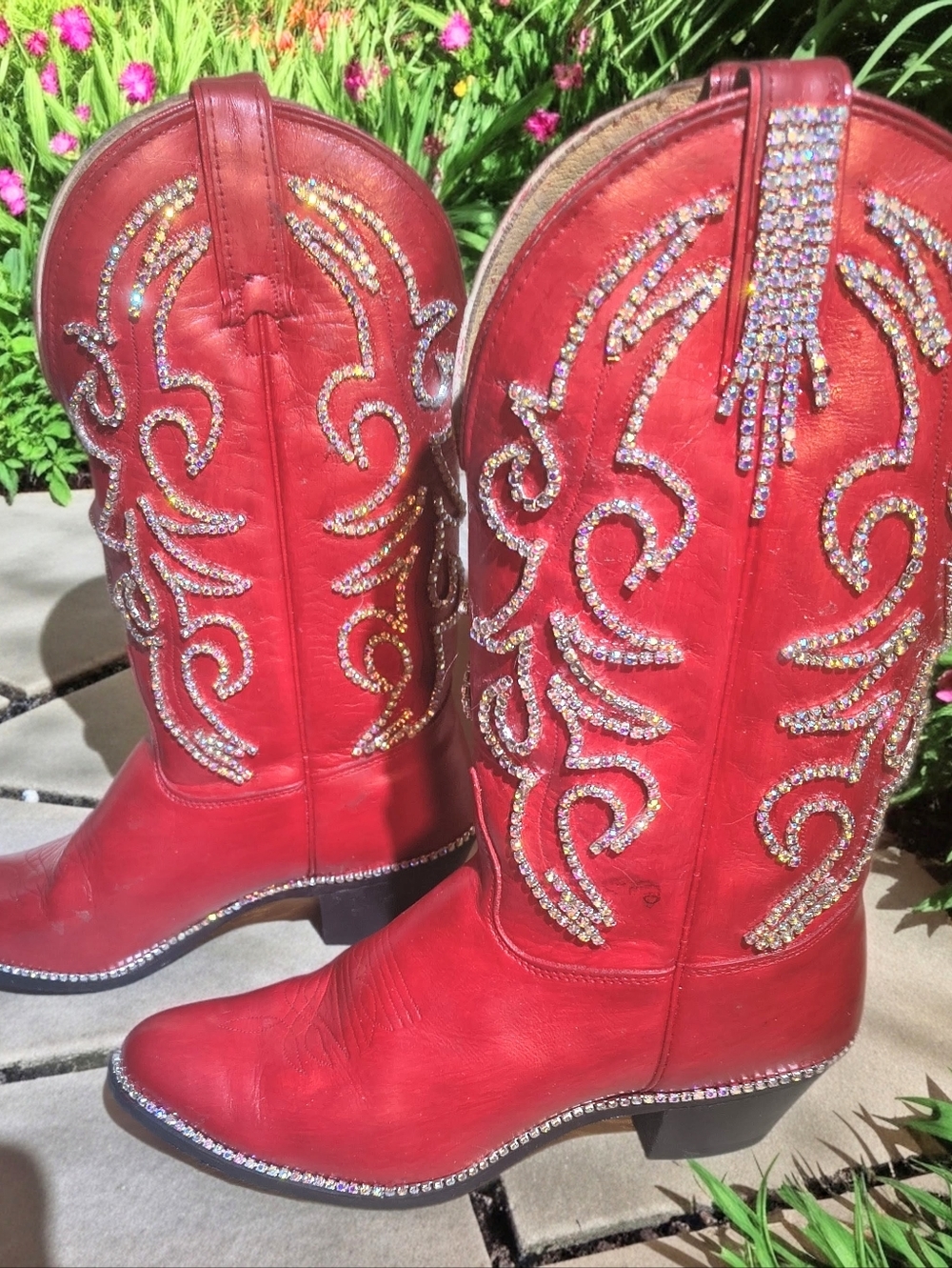 Women's Red Leather Western Cowboy Boots 9.5M, Rhinestones, Custom Nocona
